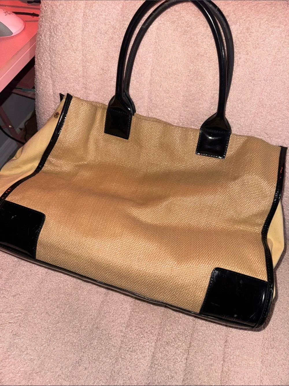 Tory Burch Tan Tote with Black Patent Logo and Trim